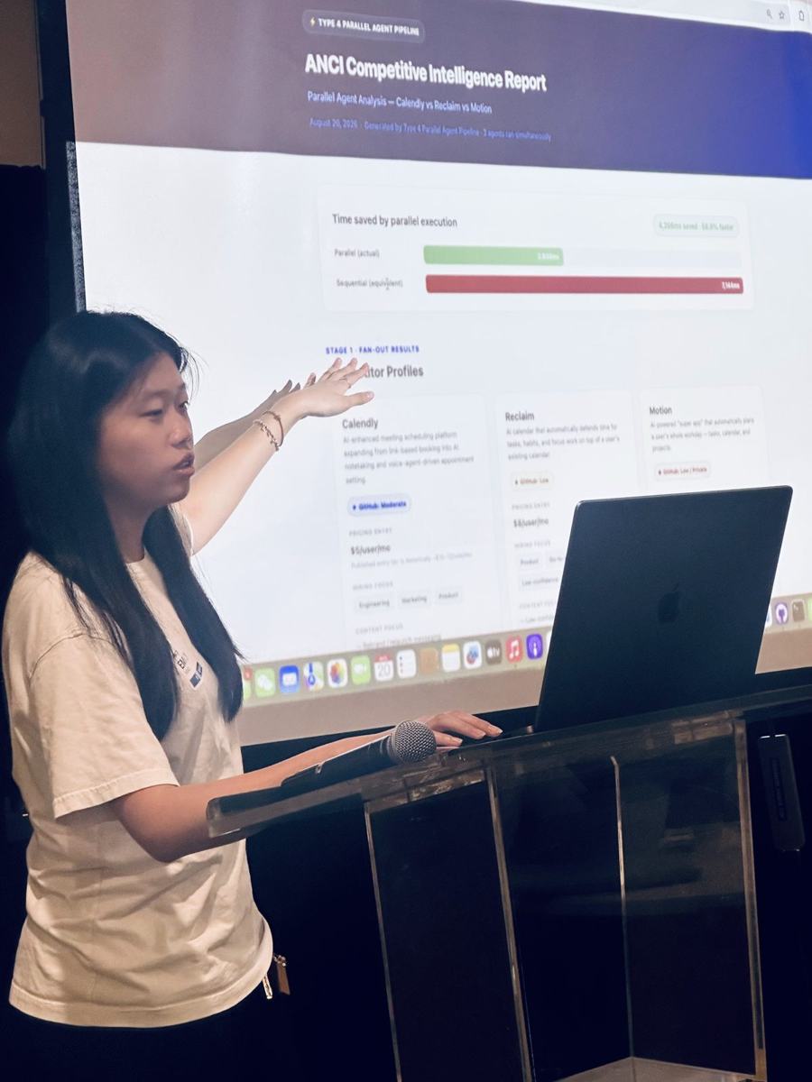 Emily Mao walking through the generated ANCI Competitive Intelligence Report dashboard, showing parallel versus sequential timing.