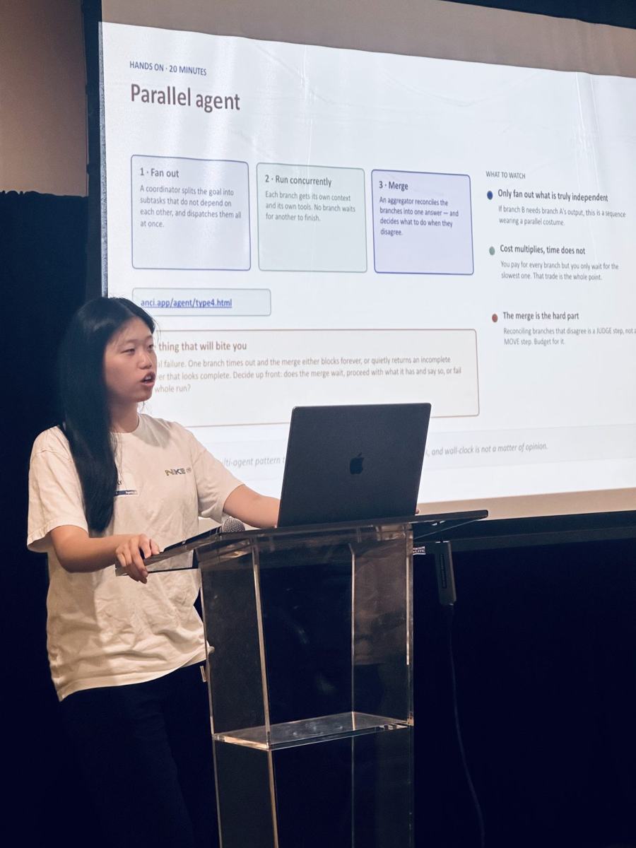 Emily Mao presenting the parallel agent slide: fan out, run concurrently, merge.