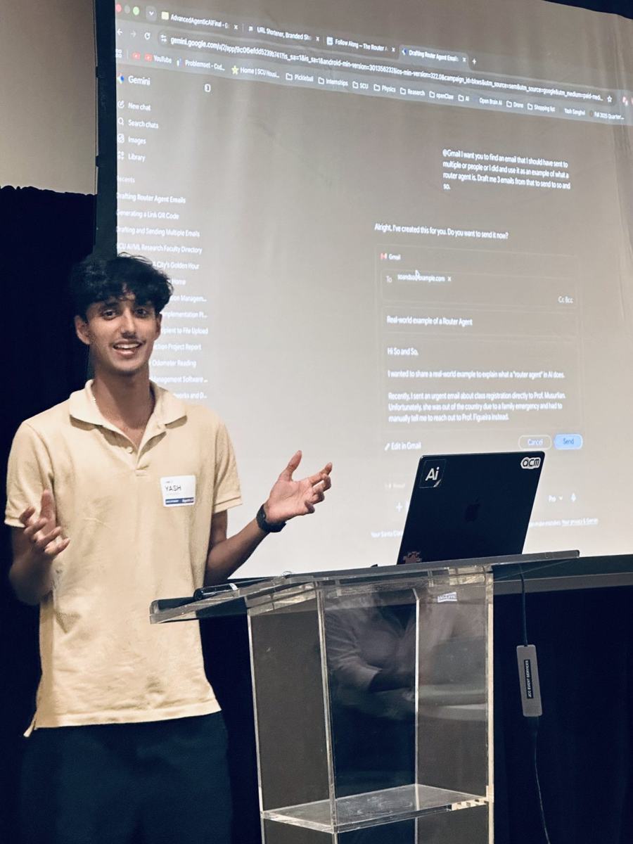 Yash Sanghvi presenting the router agent demo with the routing log projected behind him.