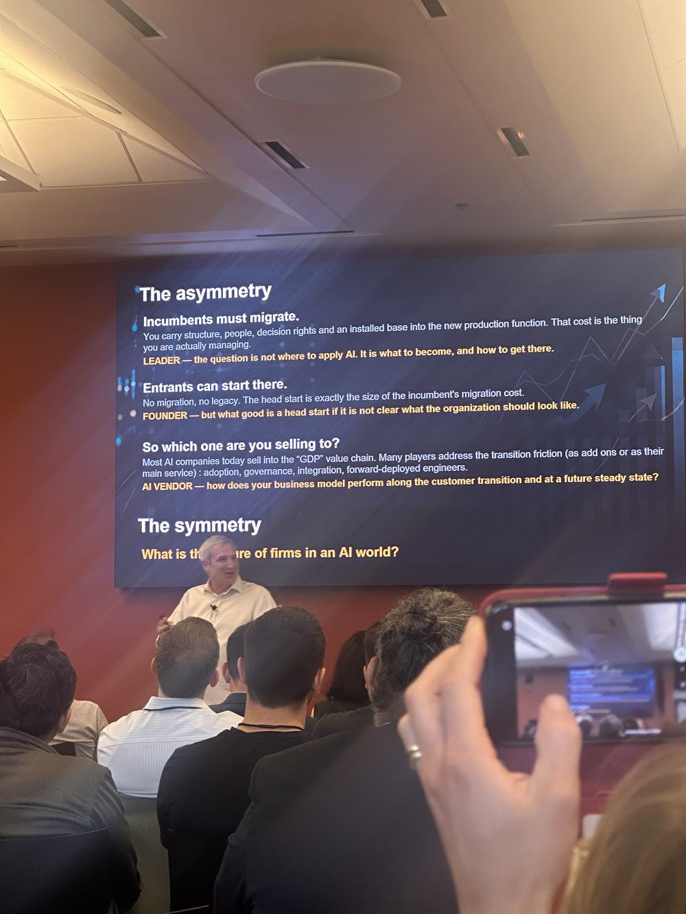 Conference slide titled The asymmetry, contrasting incumbents who must migrate with entrants who can start AI native.