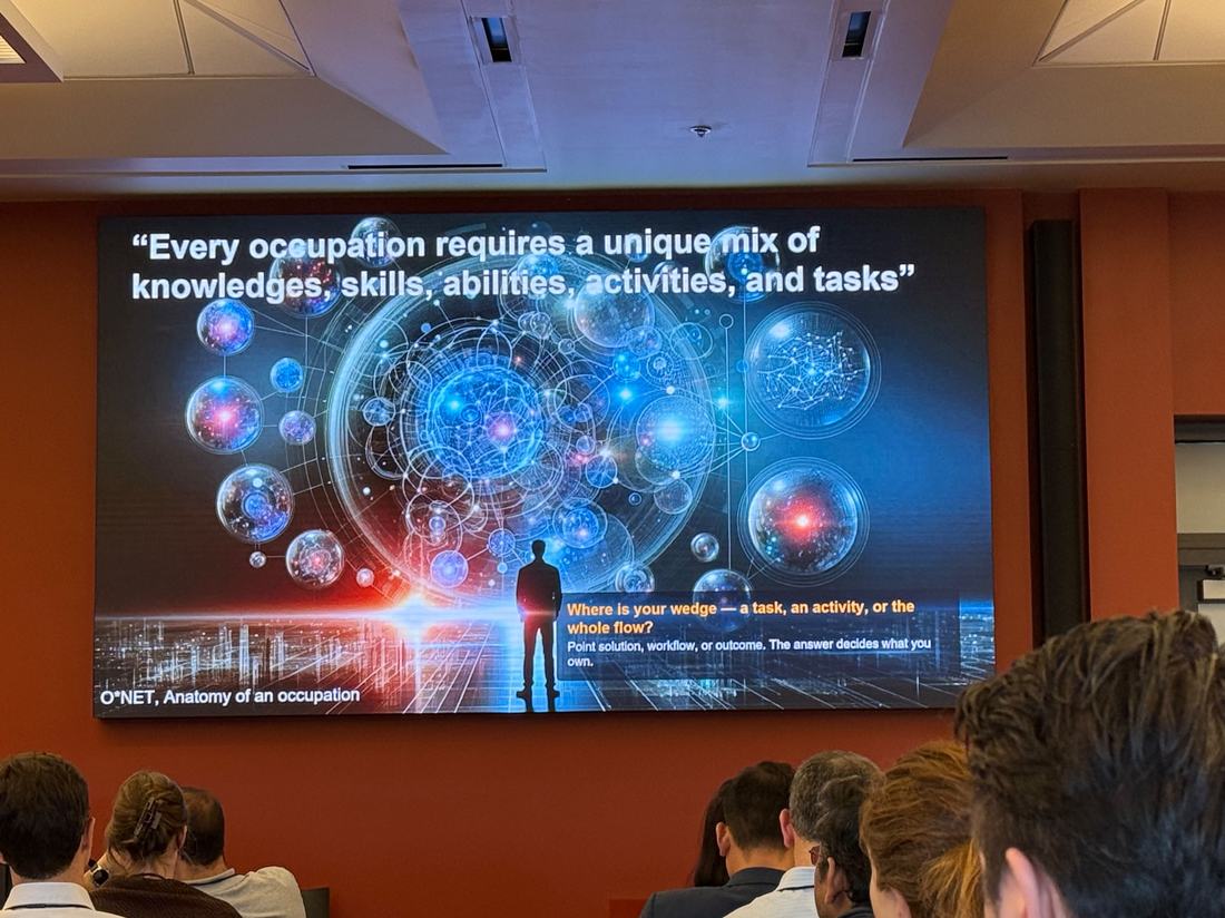 Conference slide quoting the O*NET definition of an occupation, with a prompt asking where your wedge sits: a task, an activity, or the whole flow.