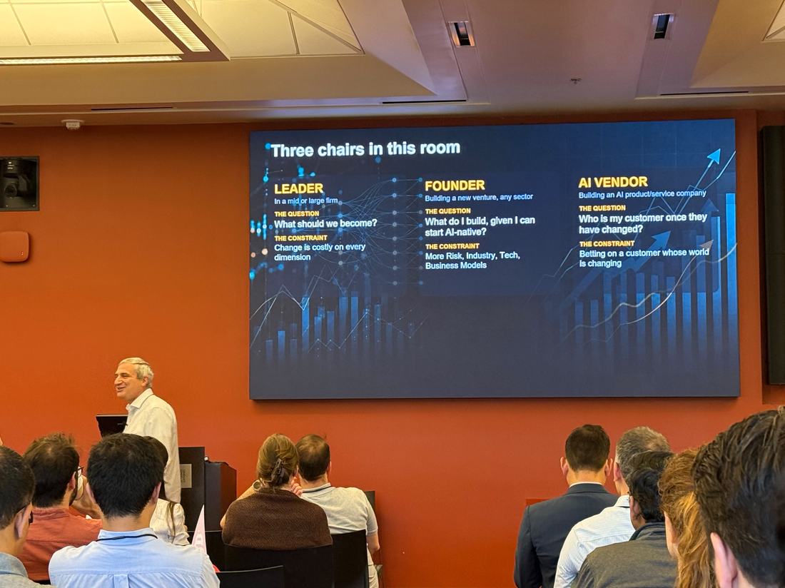 Conference slide titled Three chairs in this room, listing the leader, founder, and AI vendor with a question and a constraint for each.