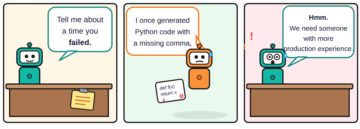 Three-panel color cartoon. A teal AI interviewer robot behind a desk asks, 'Tell me about a time you failed.' An orange AI candidate robot holding a code card answers, 'I once generated Python code with a missing comma.' The interviewer, shocked, says, 'Hmm. We need someone with more production experience.'