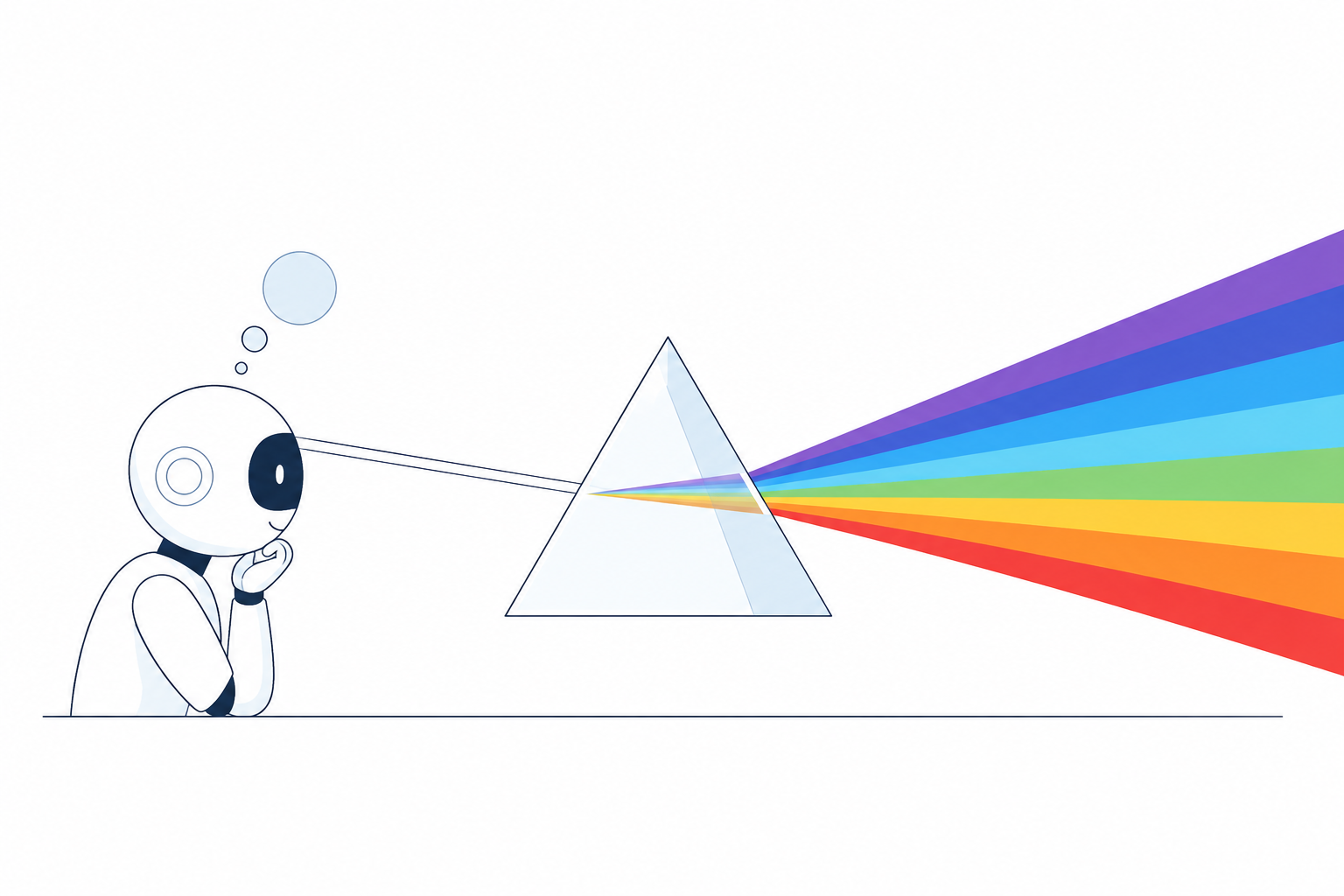A small robot rests its chin on its hand and watches white light pass through a glass prism, splitting into a rainbow