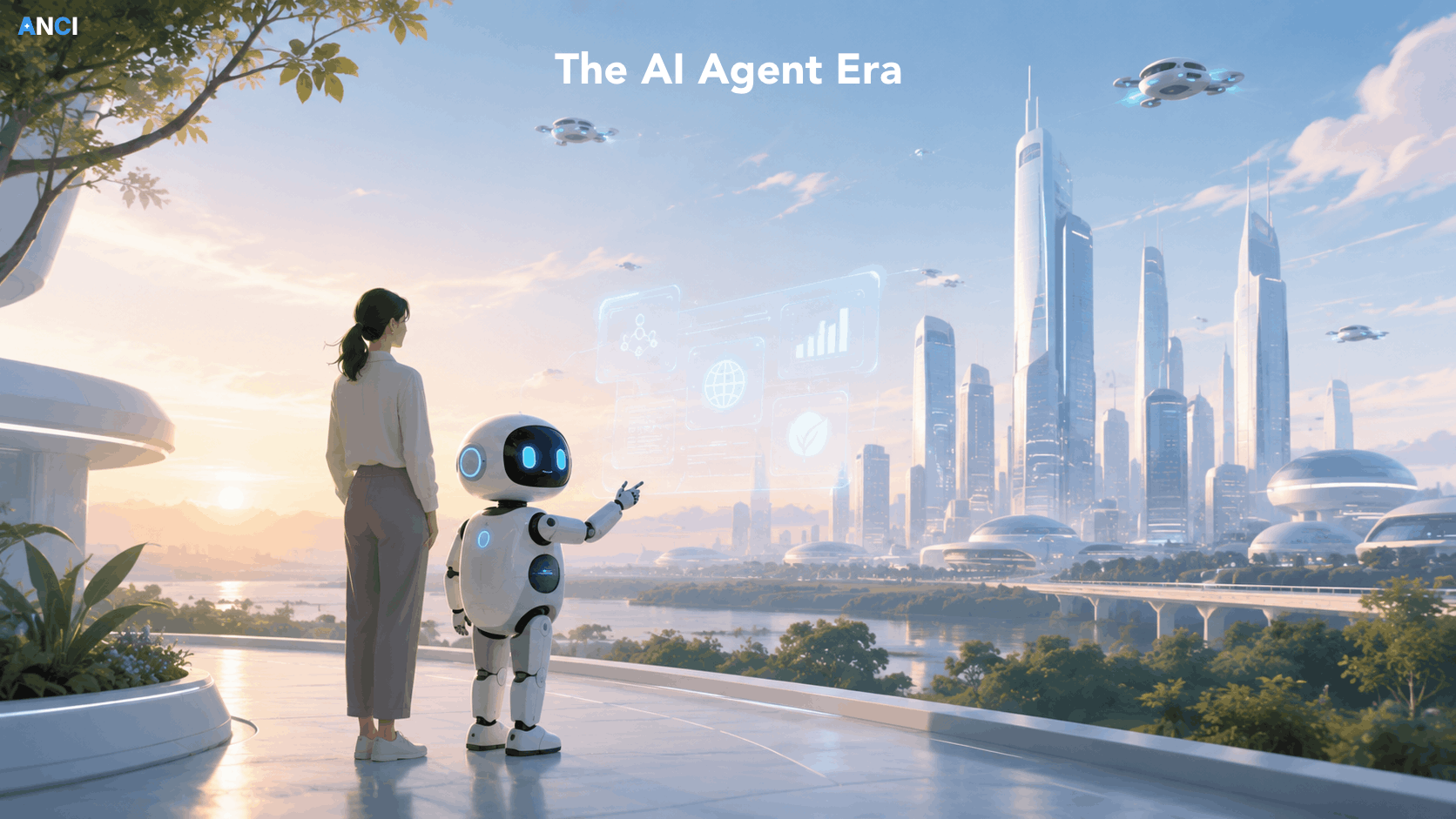 A leader and an AI agent looking out at a future city skyline
