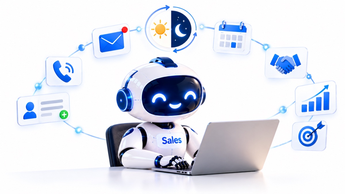 An AI sales agent at a laptop, surrounded by icons for calls, email, round-the-clock work, calendar, handshake, growth and targets